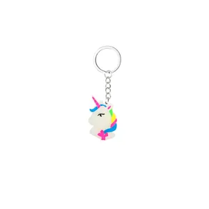 Detailed close-up view of the cute cartoon unicorn keychain, showing the soft PVC pendant design.