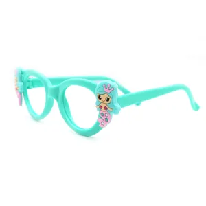 Detail shot of cute mint green kids decorative eyeglass frame featuring adorable mermaid charm.