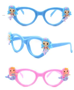 Close-up detail of cute mermaid cartoon character decorations on colourful children eyeglass frames.
