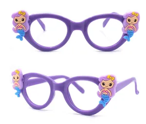 Cute purple kids eyeglass frames featuring charming cartoon mermaid decorations on sides.