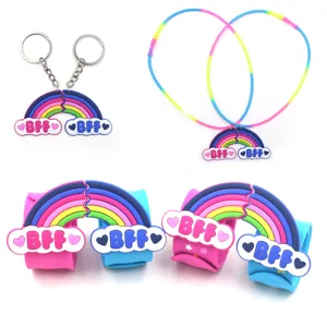 Mignon Ensemble d accessoires d amitié BFF Nuage Arc en Ciel Dessin Animé Bijoux en Métal PVC Porte clés Bracelet Slap Collier Pour Meilleurs Amis Cadeau Enfants