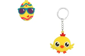 Süßer Cartoon Osterküken und Ei Silikon Schlüsselanhänger Set, bunte Farben, Metallring.