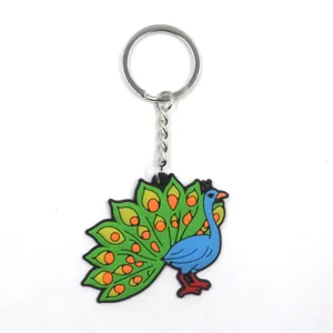 Porte-clés paon en PVC coloré avec anneau métallique, joli pendentif pour enfants.