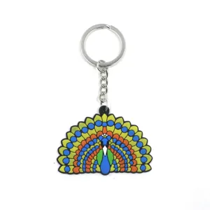 Porte-clés paon en caoutchouc souple PVC coloré avec anneau métal, charmant cadeau.