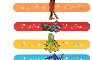 Detail view of colorful PVC slap bracelets featuring funny cartoon charms and cute star patterns.