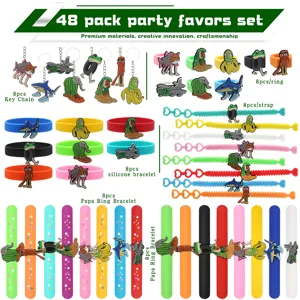 48 pack party favors set featuring funny quirky creature keychains, rings, and bracelets.