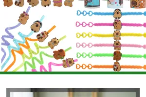 Süße Capybara PVC weiche Gummi Detailartikel, bunte Spiralstrohhalme und dehnbare Silikonbänder.