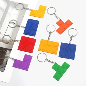 Colorful silicone building block keychains featuring fun geometric shapes and metal rings.