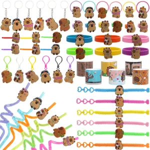 Süßes Wasserschwein Karikatur Spiel Schmuck Zubehör Set PVC Weichgummi Schlüsselanhänger Armband Ring Trinkhalm Deko Geschenk Für Kinder