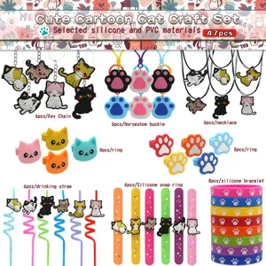 47 Stk süßes Cartoon Katzen Bastelset mit Silikon Schlüsselanhängern, Ketten und Armbändern.