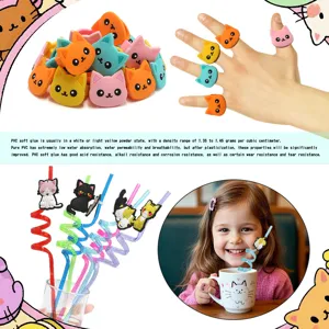 Niedliche Cartoon-Katze Silikonringe und bunte Trinkhalme Set für Kinder, PVC Spiel.