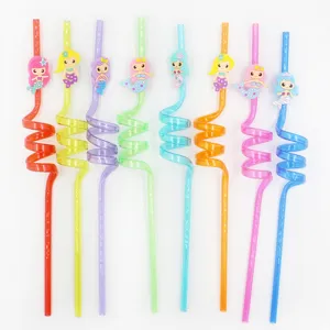 Creative Mermaid Reusable Straws Plastic Spiral Curly Drinking Straws Cartoon Character Ornaments For Kids Birthday Party Favors Decorations Supplies