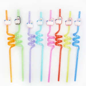Pajitas de PVC de Alpaca de Dibujos Animados Creativos Lindas Pajitas de Plástico Reutilizables en Espiral para Decoración de Fiesta de Cumpleaños de Niños