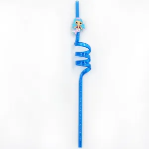 Detailed close-up view of the blue plastic curly straw featuring a cute cartoon mermaid decor.
