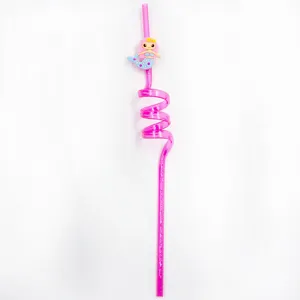 Cute pink PVC curly straw with a lovely mermaid charm, perfect for kids party decoration drinks.