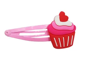 Süße rosa Metall BB Haarklammer mit 3D PVC Cupcake und rotem Herz Design für Mädchen.