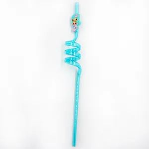 Creative blue PVC curly drinking straw featuring a cute mermaid charm for kids party supplies.