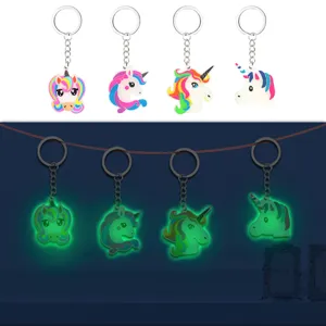 Glow in the dark unicorn keychains cute cartoon key rings for kids party gifts 4pcs