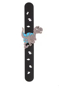 Detailansicht des Dinosaurier-Schnapparmbands mit süßem 3D-Tier und schwarzem Silikonband.