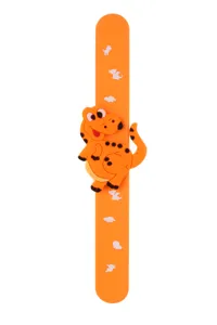 Süsser Cartoon Dinosaurier Klapparmband Detailansicht, bunte Silikon Kinder Spielzeug.