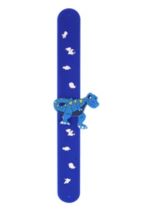 Blaues Silikon Schnapparmband für Kinder mit DINO Print und süßem 3D Dino Spielzeug.
