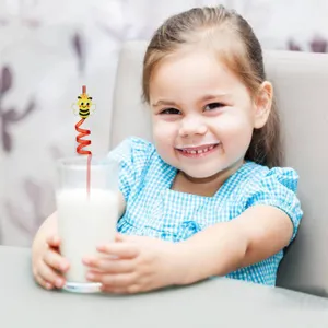 Bonita pajita rizada de plástico abeja de dibujos animados para fiesta infantil jugo leche.