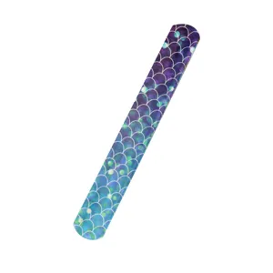 Mermaid scale print PVC slap bracelet detail featuring vibrant purple and blue colors.