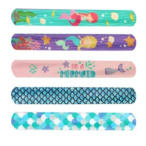 Cute mermaid slap bracelets set, colorful PVC cartoon snap wristbands for kids party.
