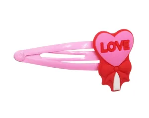 Rosa Metall Clip Haarklammer mit rotem Herz PVC Anhänger für süße Mädchen und Kinder.