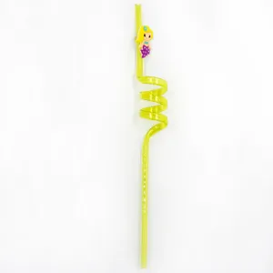 Close-up detail of the creative curly plastic straw featuring a cute cartoon mermaid topper.