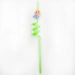 Green curly plastic straw featuring a cute pink hair mermaid cartoon character detail.