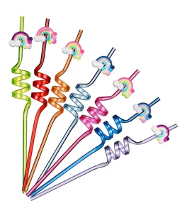 Bunte Cartoon Regenbogen Spiral Plastik Trinkhalme Set für Kinder Party, lustige wiederverwendbare.