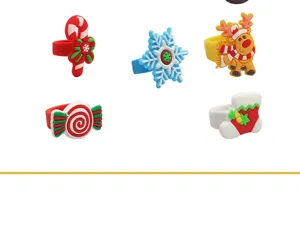 Childrens Christmas soft rubber rings detail view, cute assorted holiday designs, party toys