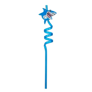 Pajita rizada tiburon de dibujos animados azul, pajitas de plastico flexibles para fiesta.