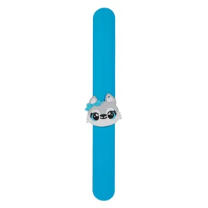 Cute cartoon cat slap bracelet for kids, blue silicone wristband toy, fun party favor gift.