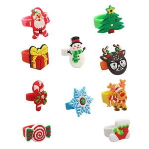Cartoon Christmas PVC Rings For Children Cute Santa Claus Reindeer Snowman Finger Ring Festive Party Toy Gifts