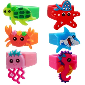 Cute Cartoon Marine Life PVC Soft Glue Toy Rings For Children Ocean Animal Sea Turtle Starfish Adjust Ring Kids Party Favors Gift Item