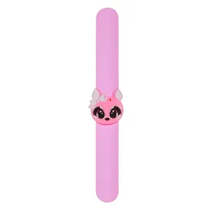 Cute pink cartoon animal silicone slap bracelet for kids, fun snap wristband toy gift.