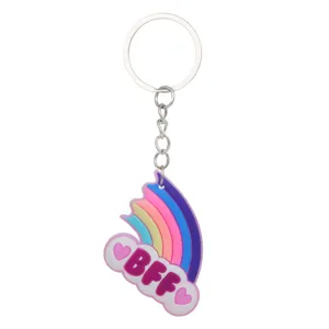 Detail view of the colorful rainbow cloud BFF keychain, showcasing soft PVC texture and metal ring.