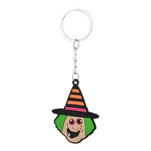 Gedetailleerd overzicht van de Halloween heks PVC cartoon sleutelhanger, leuk accessoire.