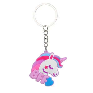 Cute unicorn keychain with BFF letters and blue heart, made of soft PVC rubber with metal ring.