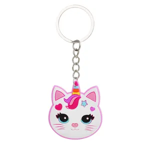 Leuke cartoon kat eenhoorn PVC zacht rubberen sleutelhanger met metalen ring voor autosleutels.
