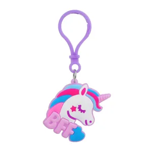 Cute unicorn keychain detail shot, soft PVC material with BFF letter and lovely heart design.