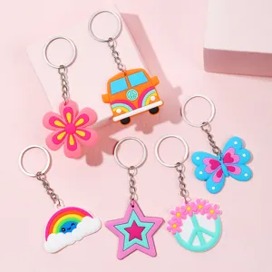Ensemble de porte-clés en caoutchouc souple PVC hippie rétro, motifs mignons pour sacs et clés.