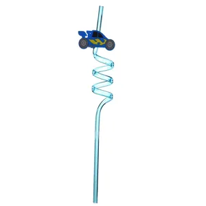 Blue racing car PVC decoration spiral plastic drinking straw detail view for party