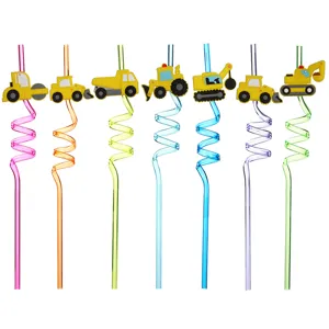 Set di cannucce di plastica ricci con veicoli da cantiere, colorate per festa di compleanno bambini.