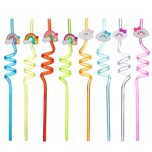 Colorful rainbow cloud crazy loop drinking straws set for kids party, fun plastic reusable straw.