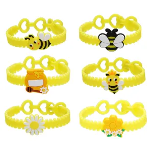 Mignon Bracelet en PVC Abeille pour Enfants Bracelet Réglable Trous de Cœur Beau Tournesol Pot de Miel Motif Bijoux de Fête Cadeau Enfant