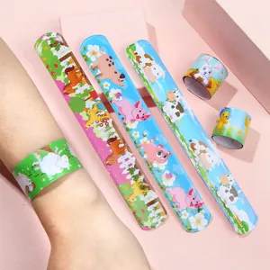 Cartoon farm animal printed PVC slap bracelets, cute animal snap wristbands for kids party favors.