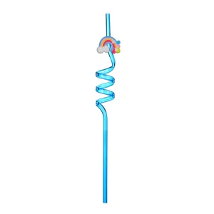 Close-up detail of the creative blue curly drinking straw featuring cute rainbow cloud decor.